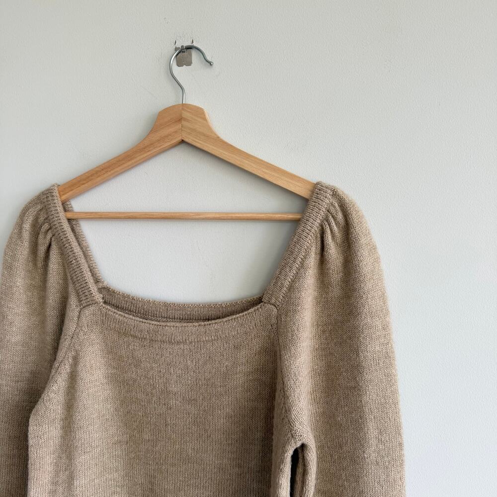 Anthropologie Square Neck Puff Sleeve Knit Sweater Tan M - Picture 3 of 10